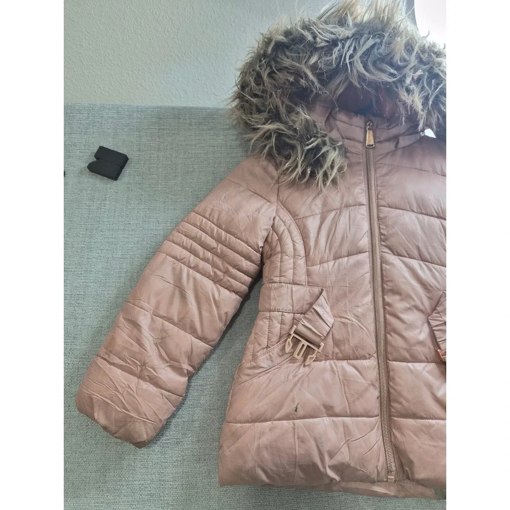 Michael Kors Puffer Jacket Girls Small Pink Faux Fur Hooded Full Zip Winter